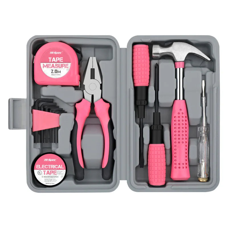 24pc Pink Carbon Steel Hand Manual DIY Tool Kit Set Complete Basic Home Tool Box Easy Carry Ladies Office Garage Use Customized