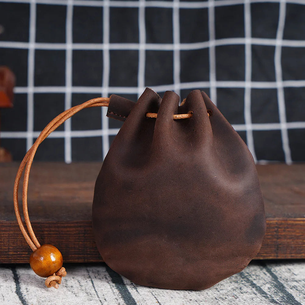 BEARKY Vintage Short Leather Drawstring Pouch for Jewelry and Essentials Open Closure Type Wallet