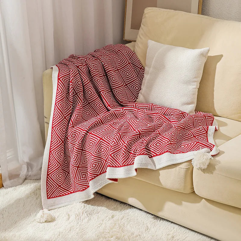 Bohemian Style Sofa Blanket Bay Window Knit Blanket Throw Ethnic Style Back Pattern Nap Blanket with Hanging Tassel