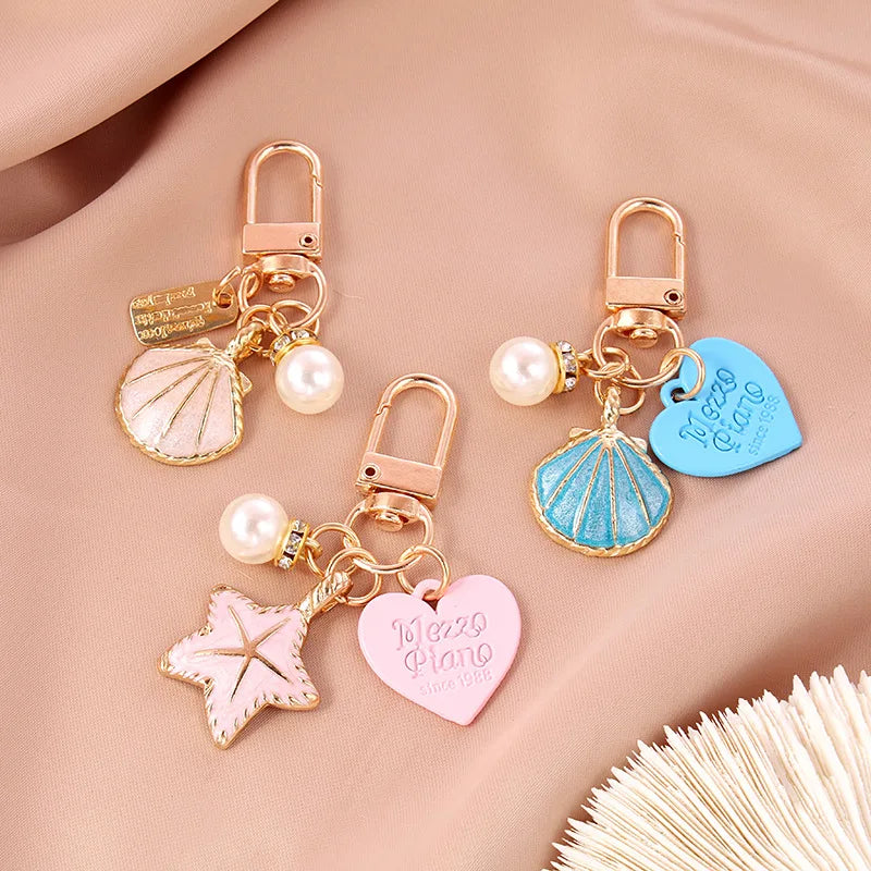 NEW Elegant Letter Label Pearls love Key Chain Handbag Hanging Pendant Keyring Heart Shell Pendant Keychain for Women