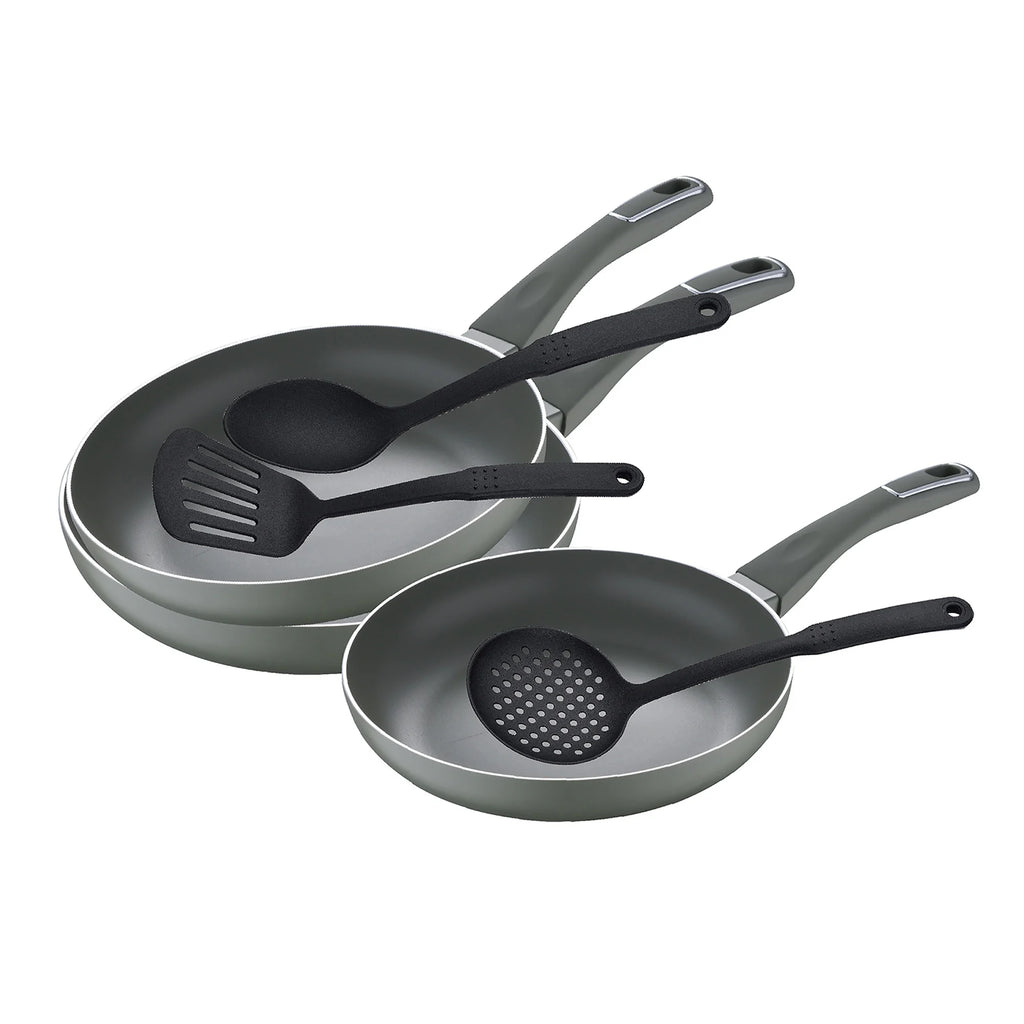 San Ignacio Trebol set of pressed aluminum frying pans (20 24 and 28 cm) and nylon kitchen utensil set