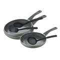 San Ignacio Trebol set of pressed aluminum frying pans (20 24 and 28 cm) and nylon kitchen utensil set