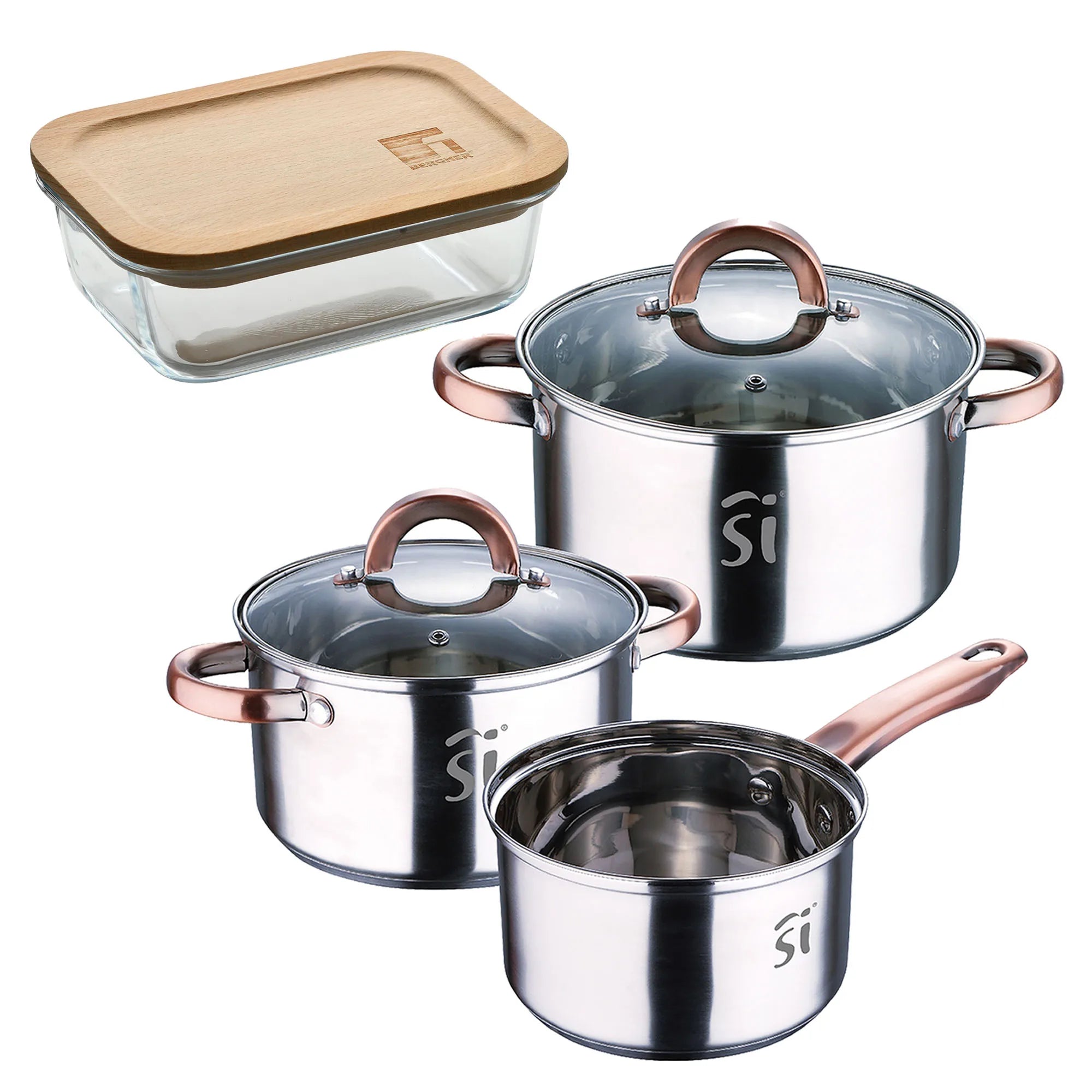 5-piece stainless steel cookware set 16/18/20 suitable for induction + Bergner NATURALLY 650ml airtight borosilicate glass