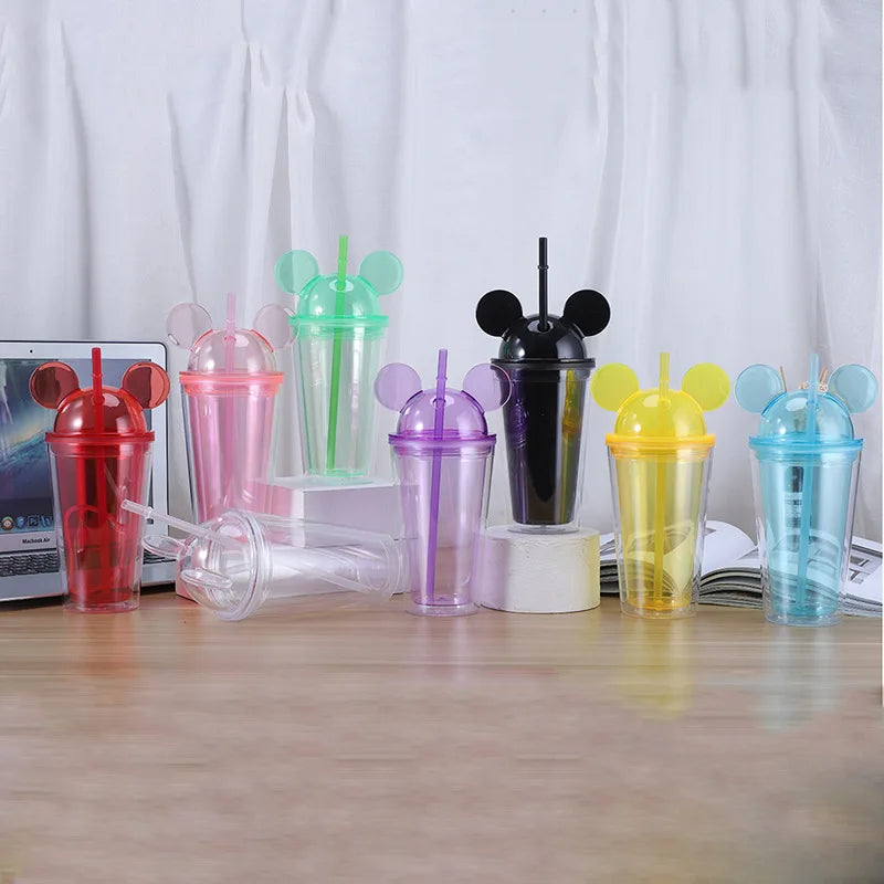 Custom LOGO 16oz Double Wall Cute Cartoon Kids Mugs Transparent Portable Cartoon Sippy Cup for Outdoor
