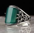 925 Sterling Silver Men's Wedding Engagement Ring Agate Aqeeq Diamond Bezel Setting Ethnic Islamic Design for Finger Wear