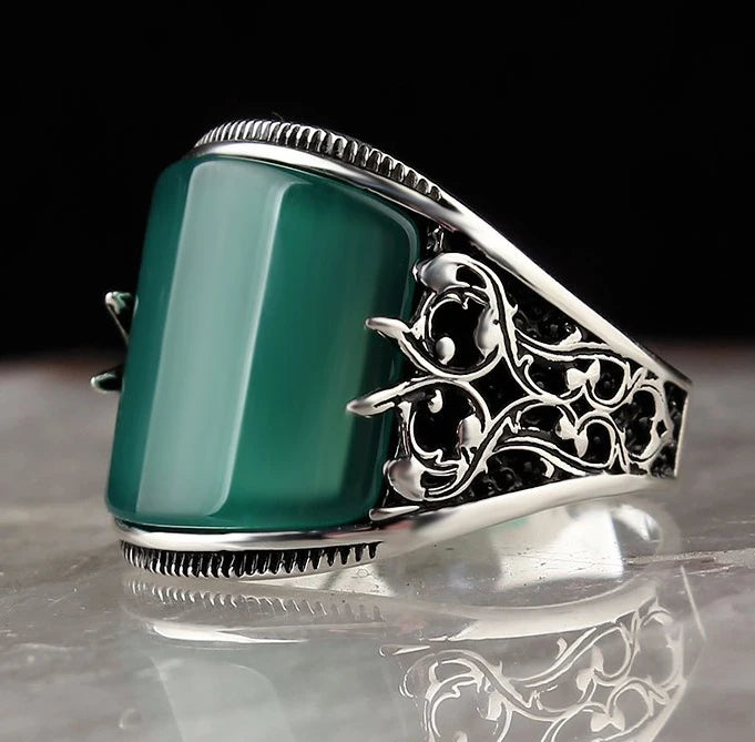925 Sterling Silver Men's Wedding Engagement Ring Agate Aqeeq Diamond Bezel Setting Ethnic Islamic Design for Finger Wear