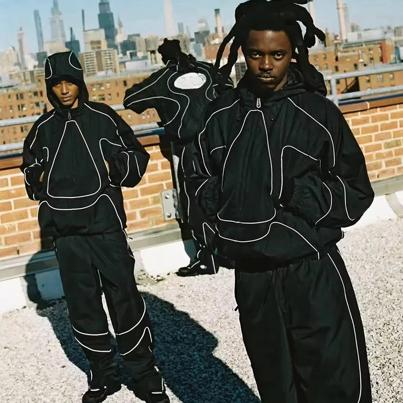 Custom Windbreaker Nylon Tracksuit Reflective Stripe Tracksuit Lightweight Sports Running Streetwear Waterproof Tracksuit MegaBDM