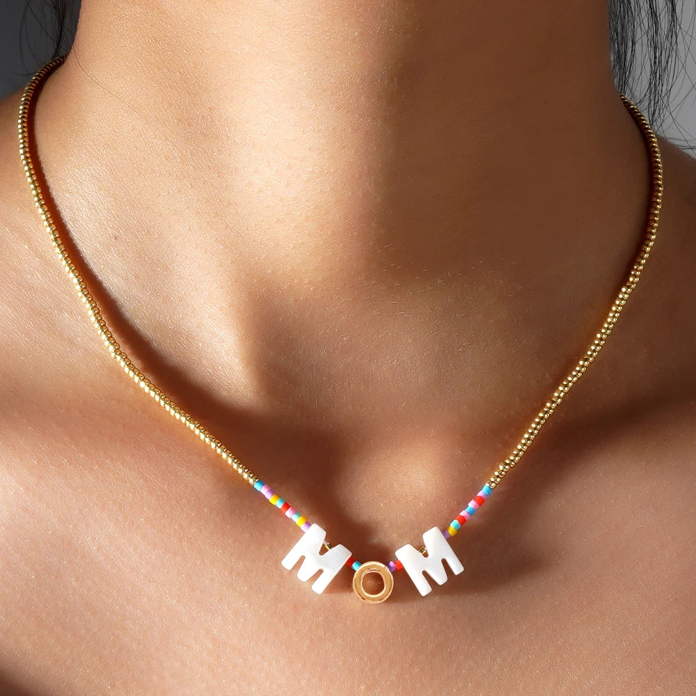 Go2boho Custom Gold Plated Mom Bohemian Necklace with Shell Trendy Bead Pendant Mother's Day Jewelry Gift