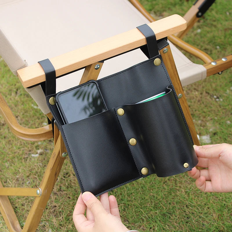Waterproof PU Leather Chair Side Caddy Reliable Chair Side Bag for Outdoor Camping Picnic Functional Phone Cup Holding Pouch
