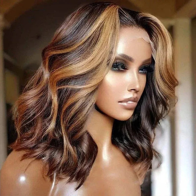 Honey Blonde Short Bob Wigs Body Wave Hair Highlight Wig 13x4 HD Lace Front Wig Bleached Knots Super Double Drawn