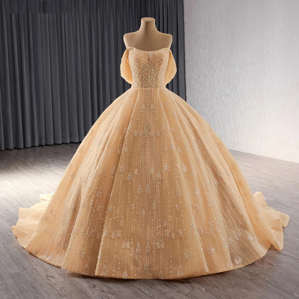 Jancember 241052 Elegant Pearls Golden Long Tail Evening Party Dresses