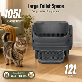 Open Top Self-Cleaning Cat Litter Box 105L Large Space 12L Bin Fits Cats 45db