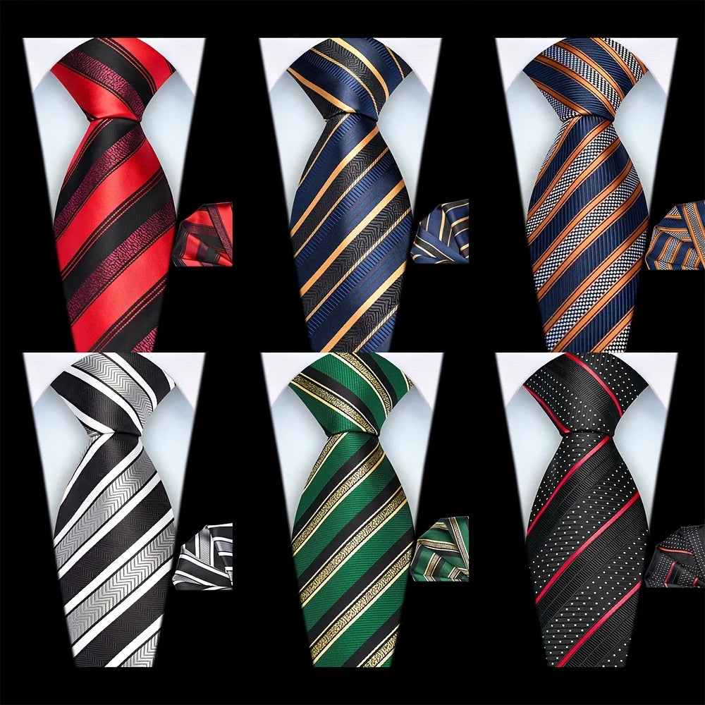 New Fashion Red 8cm Striped Men Tie Set Silk Jacquard Neckties Wedding Business Handkerchief Tie Set for Men Business Wedding