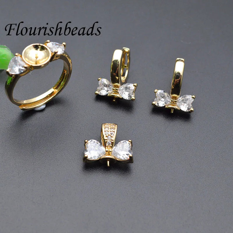 18K Gold Plated Brass Heart CZ Claw Setting Butterfly Pendant Earring Ring Set for DIY Jewelry