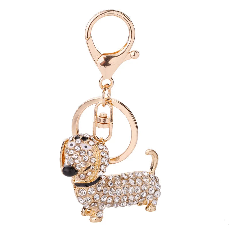 HOT Gold Dachshund Crystal Keyrings Cute Animal Dog Rhinestone Crystals Bling Dachshund Kawaii Keychain Handbag Pendant Car Deco