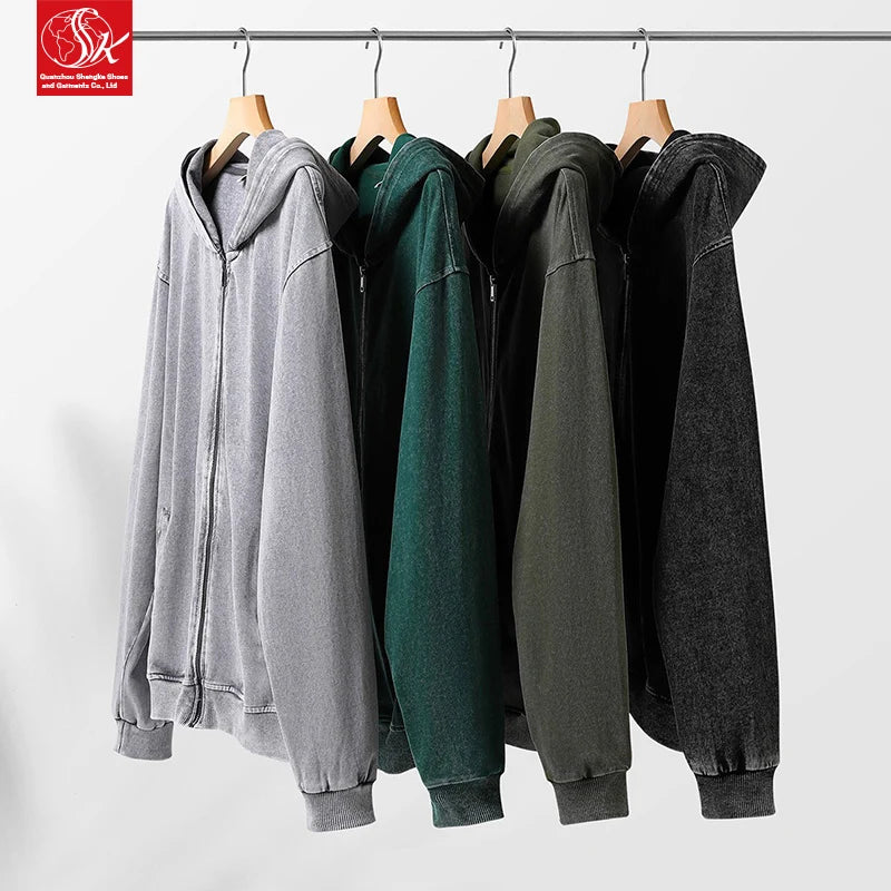 SK Men's Winter Lined 320g Washed Cardigan Double Yarn Batik Hooded Sweater Size XL Loose Fit Digital Printing Knitted Fabric