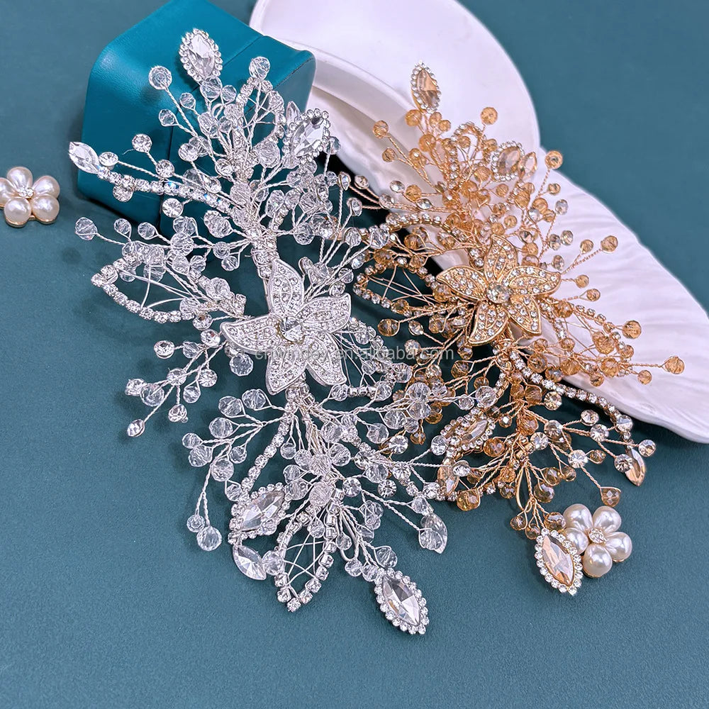 Luxury Custom Handmade Silver Champagne Wire Beaded Crystal Stone Design Crafts 3d Rhinestone Flower Appliques