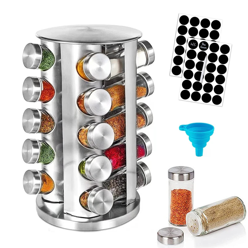 Rotating Seasoning Organizer Stainless Steel Spice Carousel for Kitchen Countertop Cabinet Revolving Spice Rack with Jars