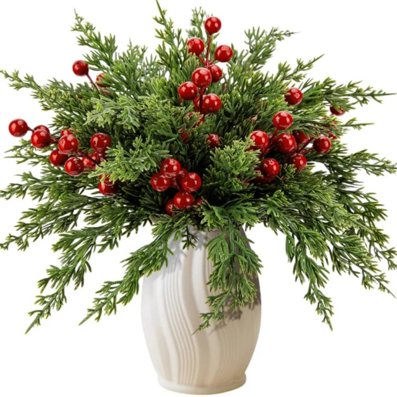 45 Pcs Christmas Artificial Pine Branches With Red Berry Stem Evergreen Norfolk Pine Cypress Leaves Stems for Garland Home Decor