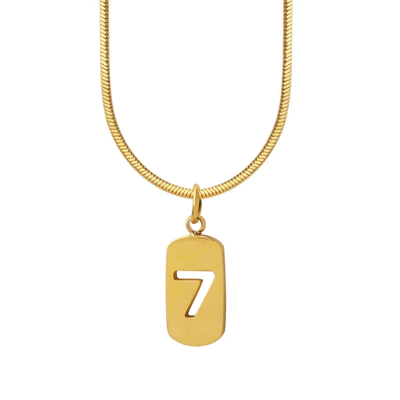 Trendy 18K Gold Plated Stainless Steel Necklace Jewelry Custom Bar Lucky Number 7 Pendant With Snake Chain Necklace for Women