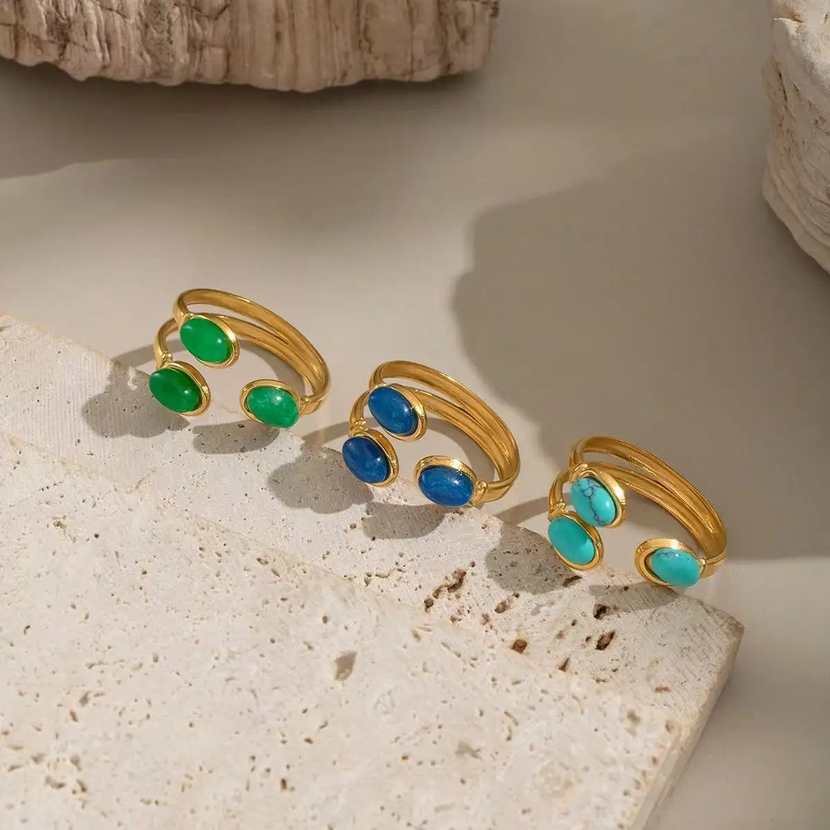 Vintage Hollow Double Layer Open C Shape Ring 18K Gold Plated Stainless Steel Three Oval Natural Stone Inlay Finger Ring