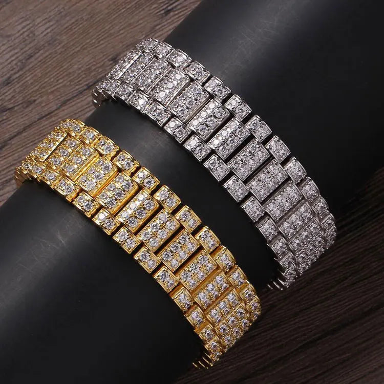 Wholesale Classic Fashion Bling Jewelry Princess Cut Zircon Gold Iced Out CZ Men Watch Party Gift Bracelet