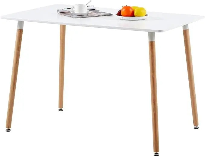 Modern Minimalist White Dining Table Rectangular Kitchen Table with White Desktop and Wood Effect Legs for Dining Room Kitchen MegaBDM
