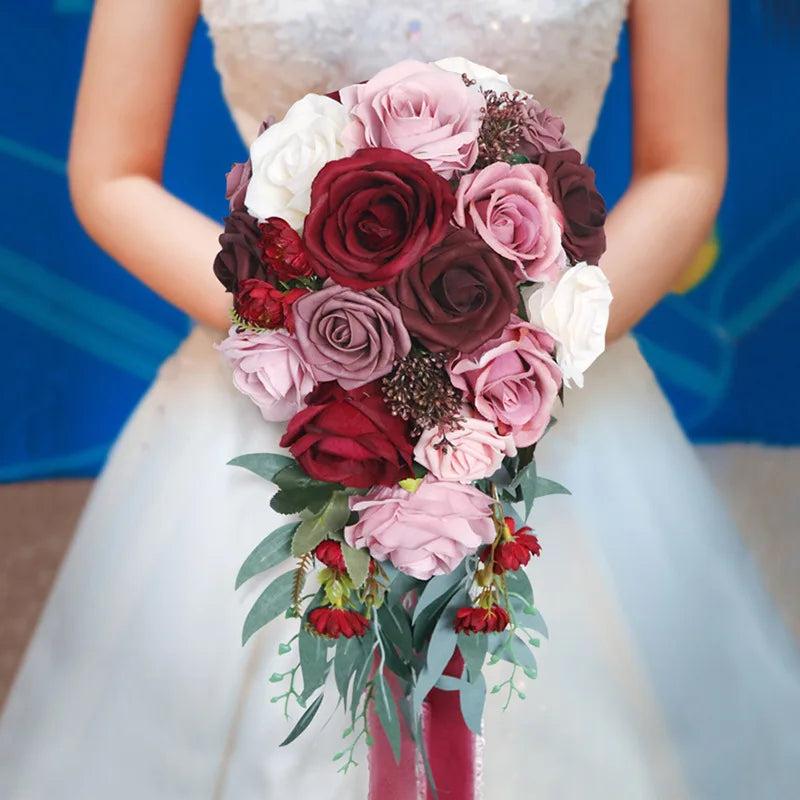Hot Sales Custom Silk Artificial Pink Red Rose Peony Floral Bouquets for Wedding Bridal Christmas Decorations