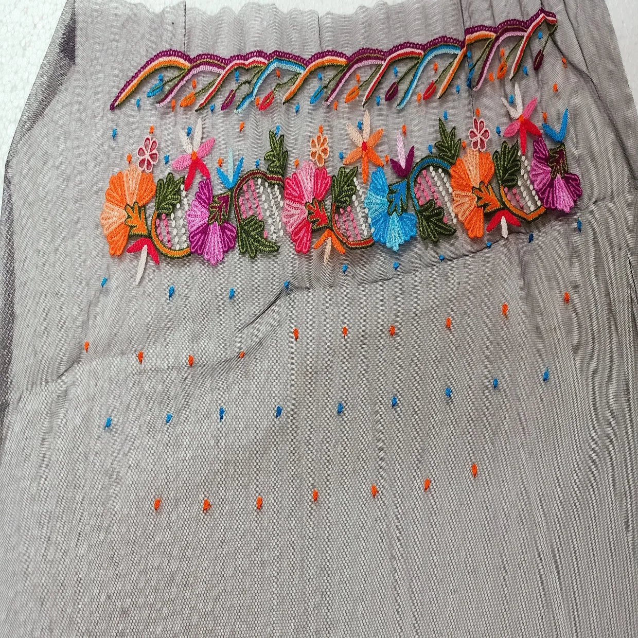 Custom Made Luxury Vibrant Multicolor Hand Embroidered Floral Border on Sheer Grey Mesh Fabric for Saree Dresses and Dupattas