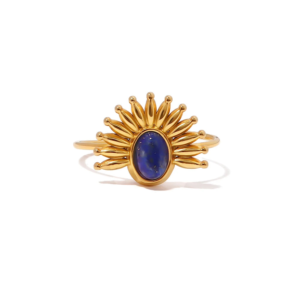 Waterproof 18k Gold Plated Stainless Steel Jewelry Exaggerate Opening Lapis Lazuli Rings for Women MegaBDM