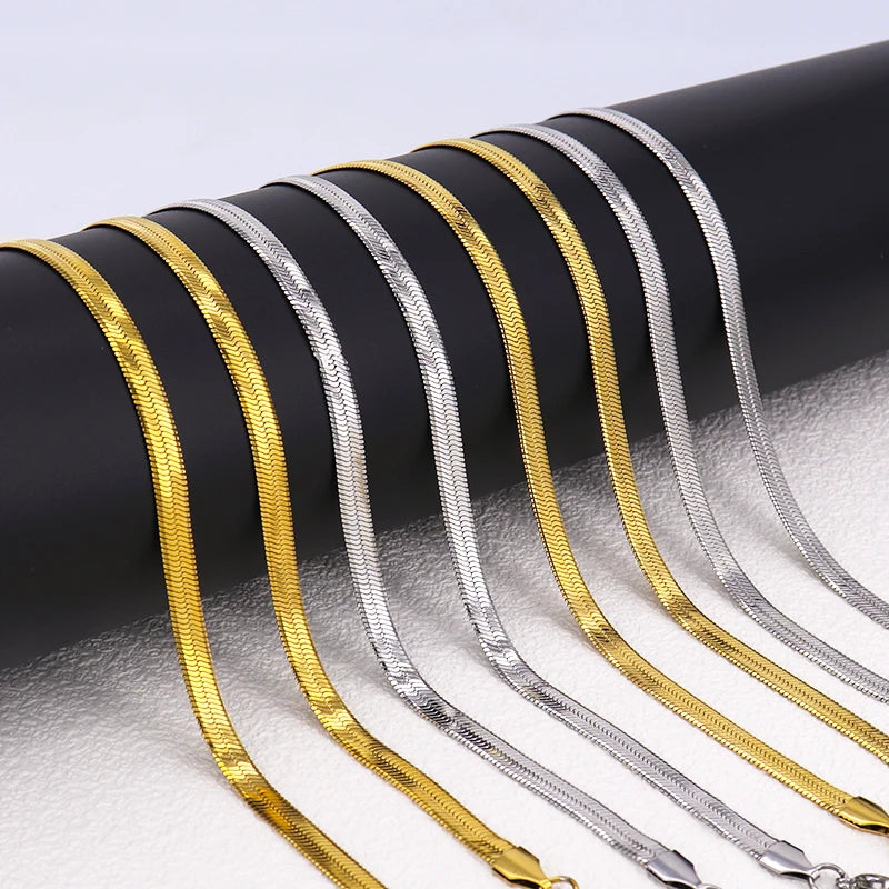 Fashion Jewelry Herringbone Flat Snake Chain Choker Necklace Waterproof 18k Gold Plated Stainless Steel Snake Chains Wholesale