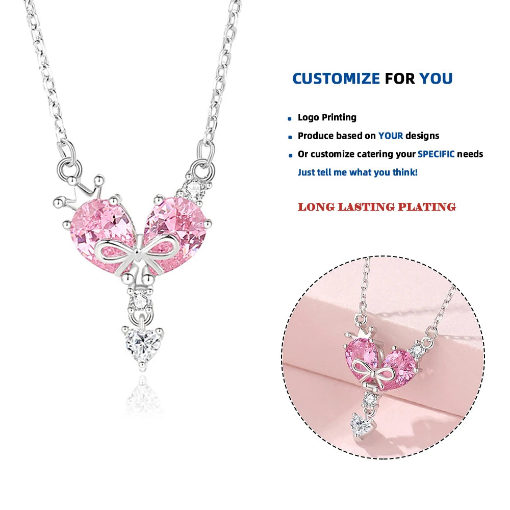 FDXZ-219 Luxury Sweet love Necklace Women pink Zircon Sterling Silver Heart Pendant 925 Sterling Silver Jewelry