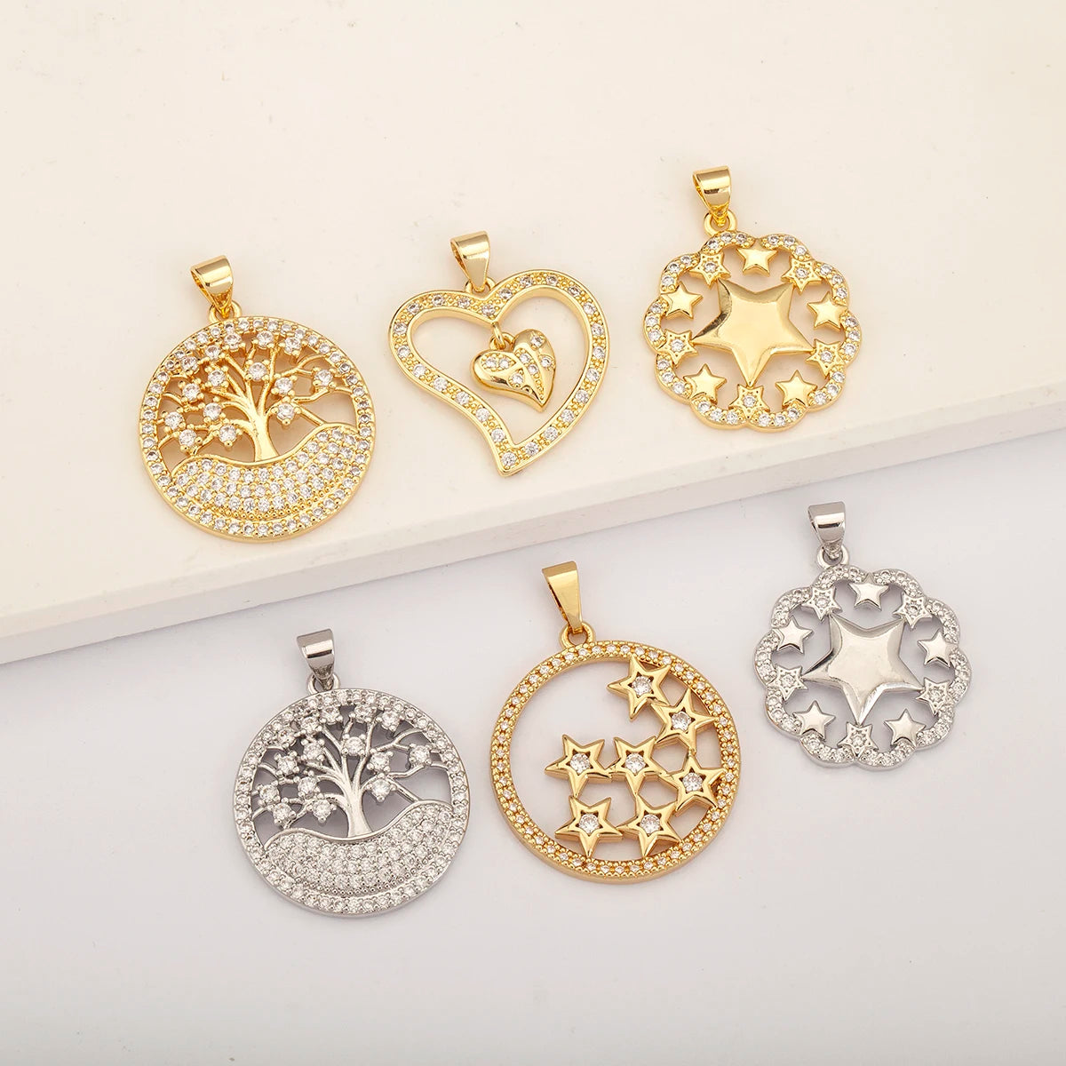 2 Tone Gold/Silver Plated Tree of Life/Double Heart/Star Pendants Fashion CZ Daily Wear Jewelry Accessories Wholesale