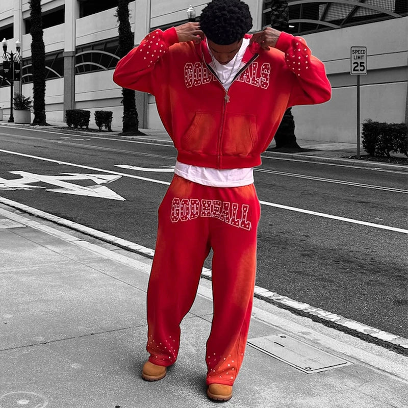 Custom Streetwear Cropped Boxy Zipper Hoodies and Acid Wash Sweatpants Set Rhinestone French Terry Unisex Jogging Tracksuit MegaBDM