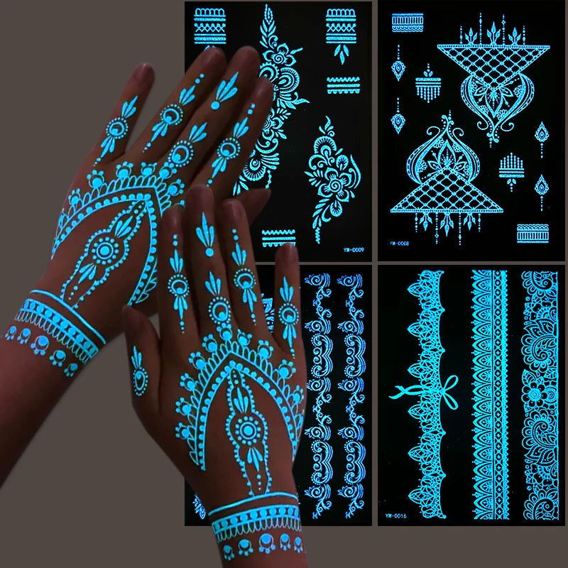 Non-toxic and Environmentally Friendly Temporary Water Transfer Luminous Lace Tattoo Stickers Body Beauty Henna Tattoo Stickers