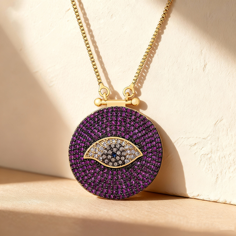 QIKU Classic Shape Charm Eye Pendant Green/Purple Color Lucky Turkish Necklace 18K Gold Plated Copper Zircon Punk Style Link