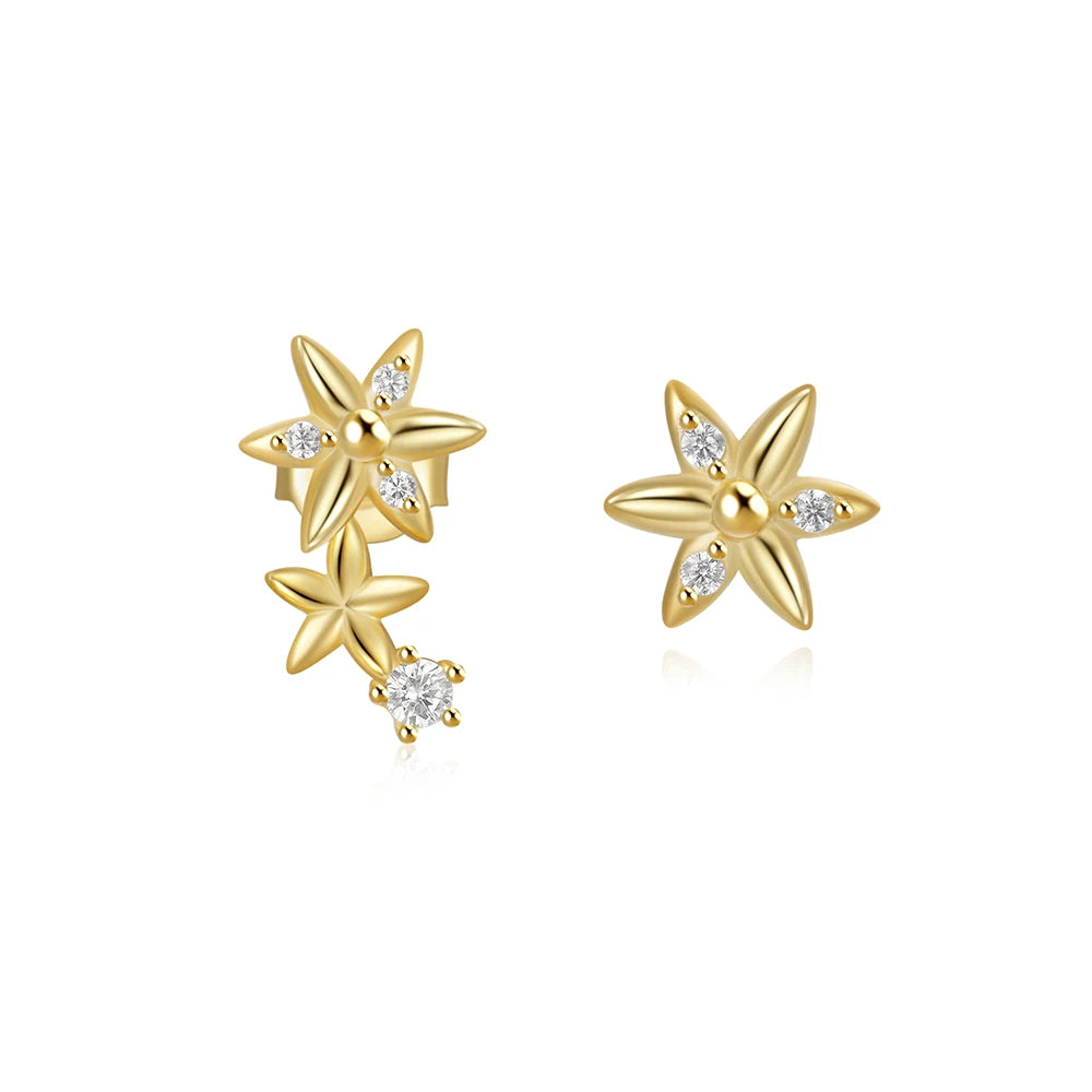 CANNER Spring 925 Silver Flower Stud Earrings Korean Exquisite Asymmetrical Gold Plated Small Zircon Earrings for Girls
