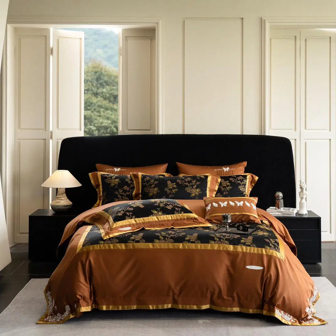 Top Luxury 100s Cotton Duvet Cover High-end Jacquard Style Brown Embroidery 4 Piece Designer Bedding Set Supplier