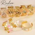 RINHOO Stainless Steel Flower Bangle Opening Design Filled Enamel Flower Opening Bangle Europe Style Non-Fading Women Wristband MegaBDM