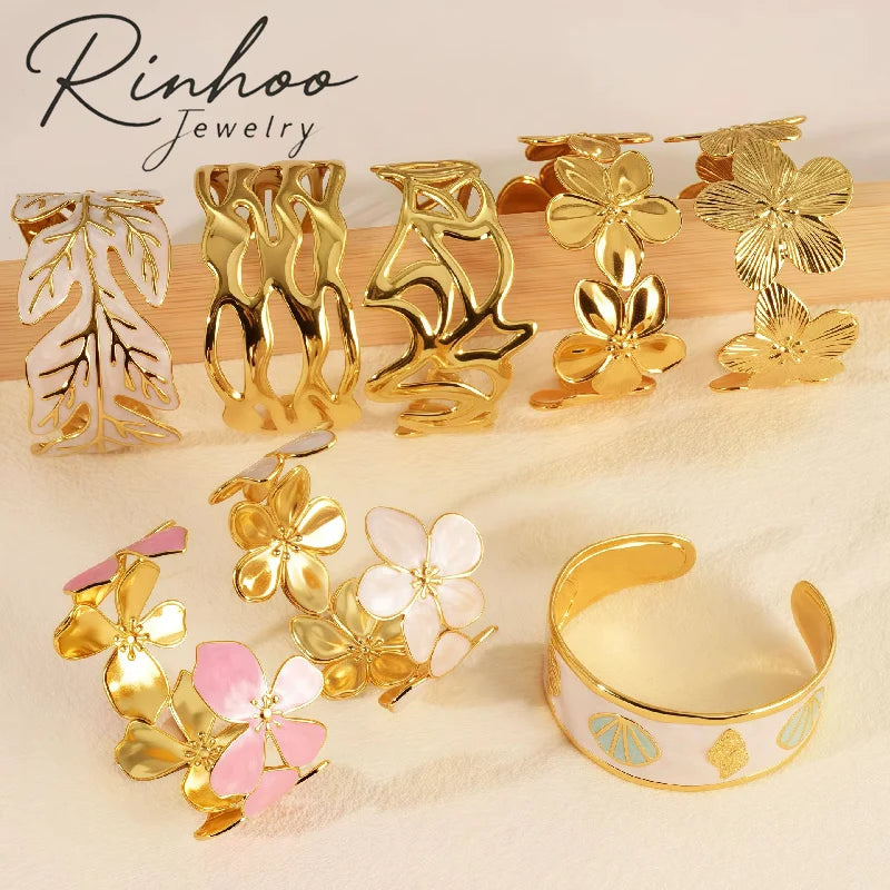 RINHOO Stainless Steel Flower Bangle Opening Design Filled Enamel Flower Opening Bangle Europe Style Non-Fading Women Wristband MegaBDM