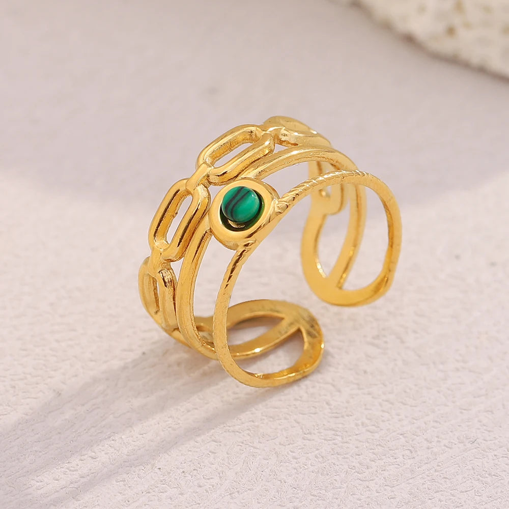 Dreamshow Summer Jewelry Malachite Multi-layered Open Ring Gemstone Gold Plated Jewelry Natural Stone Stainless Steel Ring