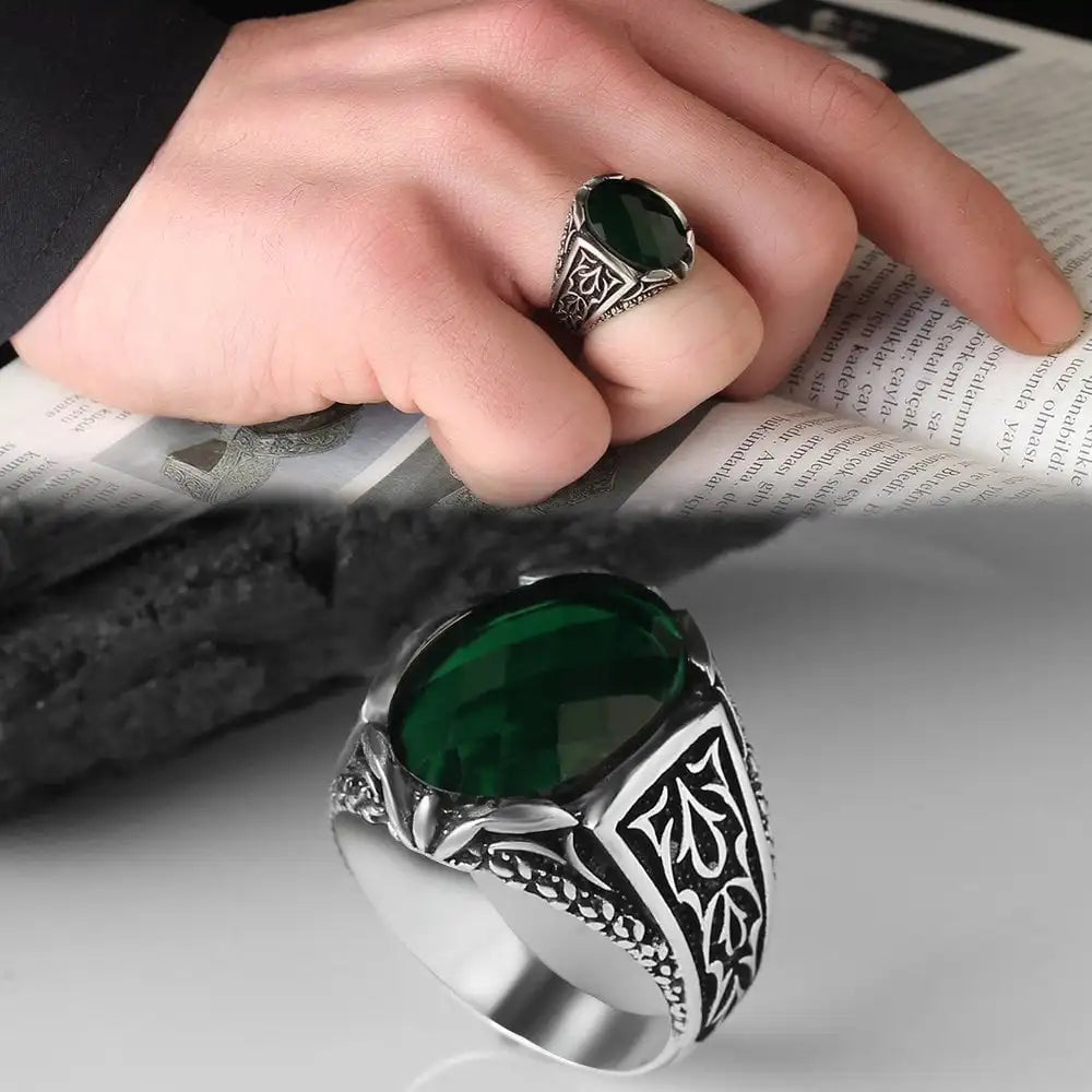 Wholesale Azuris VALKH1147 925 Sterling Silver Ottoman-Style Men's Ring with Natural Agate Stone Handmade in Turkey