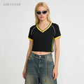 Street Trendy Women's Crop Top Shirts New Arrival V Neck Color Block Patchwork Hot Girl Summer Short Sleeve T-shirt