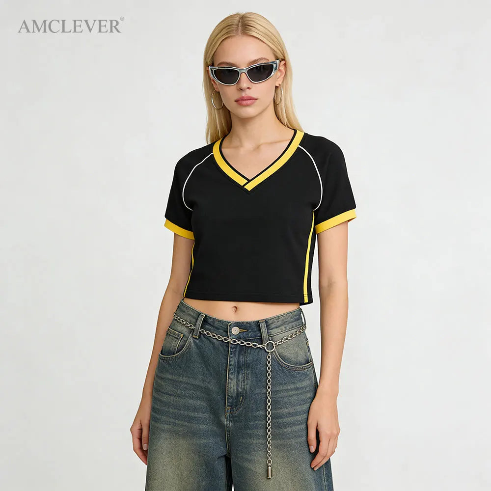 Street Trendy Women's Crop Top Shirts New Arrival V Neck Color Block Patchwork Hot Girl Summer Short Sleeve T-shirt