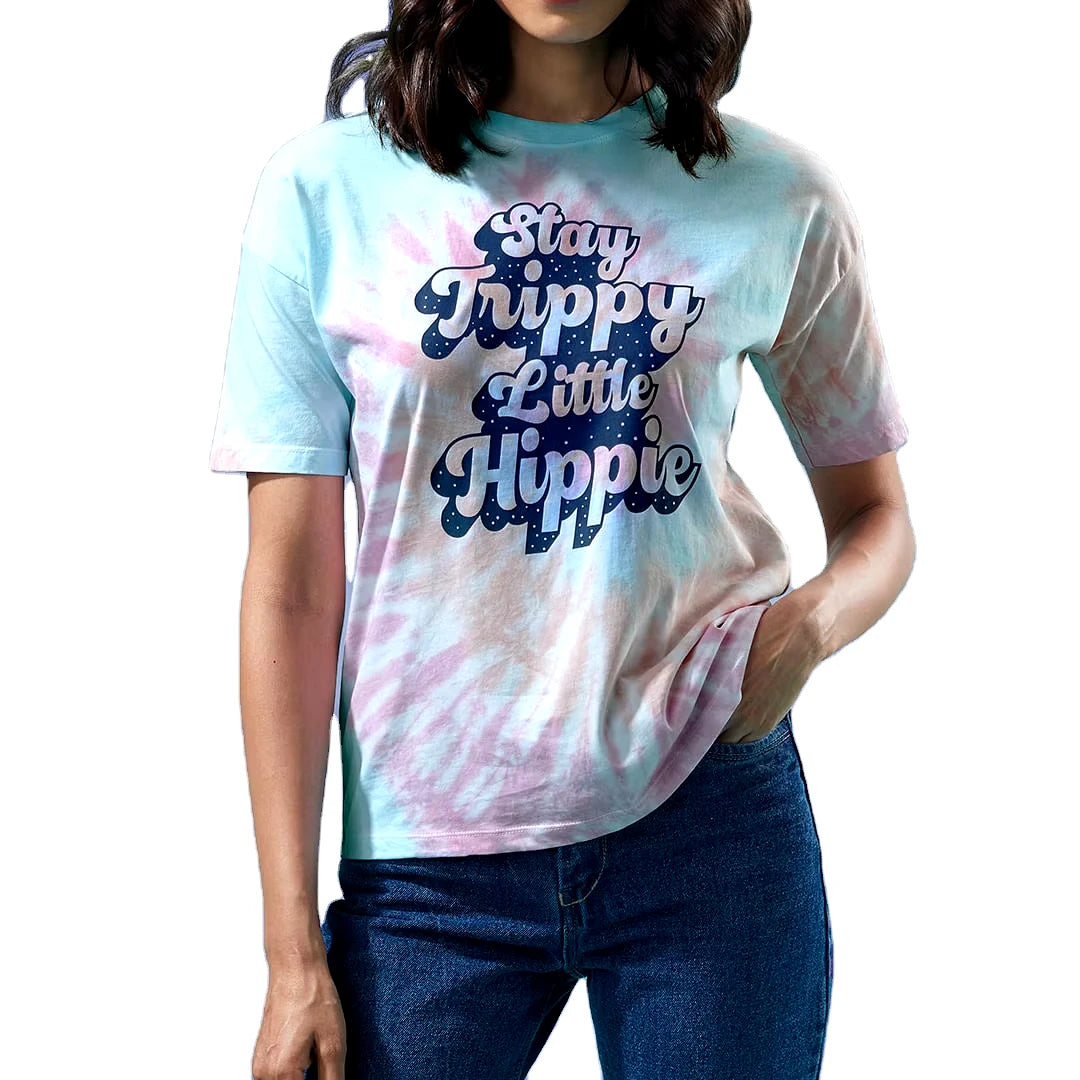 Casual Women's Neck Tie-Dyed Short Sleeve T-Shirt Custom Printed Sustainable Combed Cotton Knitted Top