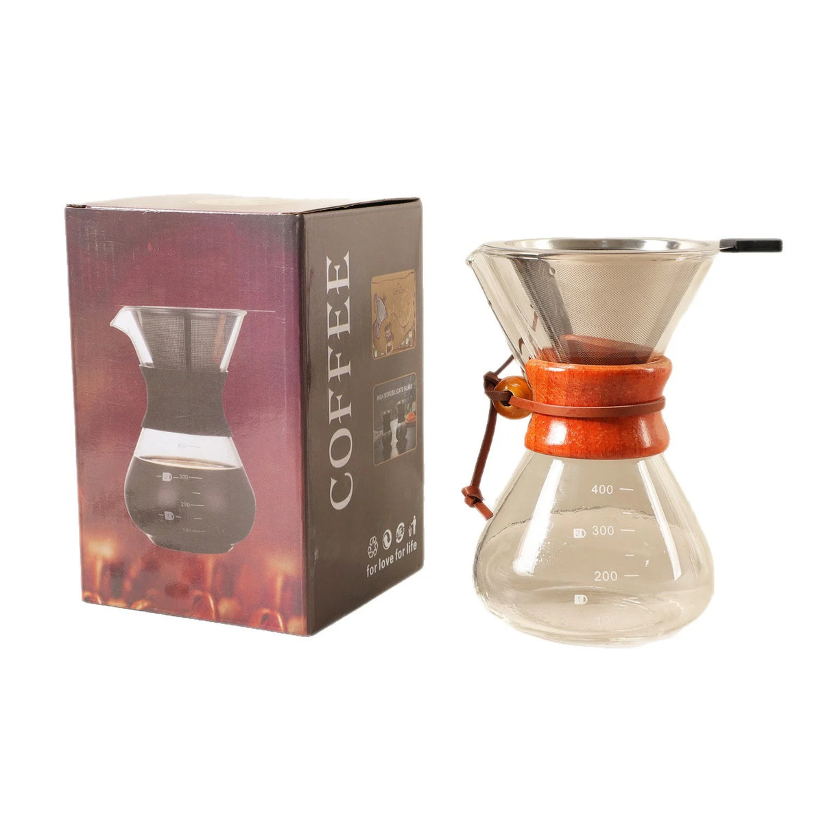 Wholesale 400ML 600ML 800ML Borosilicate Glass Pour Over Coffee Maker Set with Reusable Stainless Steel Filter and Wood Collar MegaBDM