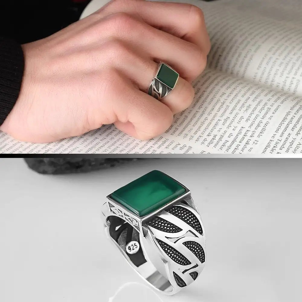 Turkish 925 Sterling Silver Men's Ottoman Style Ring with Natural Agate Stone Fine Jewelry Azuris VALKH1219