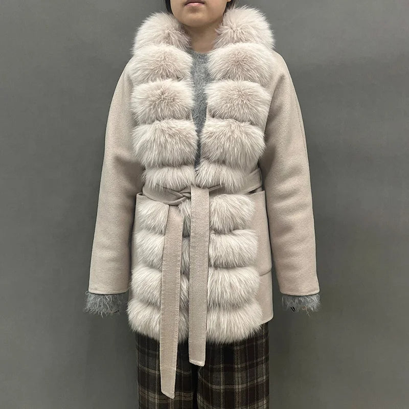 2024 Wholesale Winter Luxury Fluffy Fox Fur Front Trimming Overcoat With Belt Elegant Cashmere Wool Coat for Women