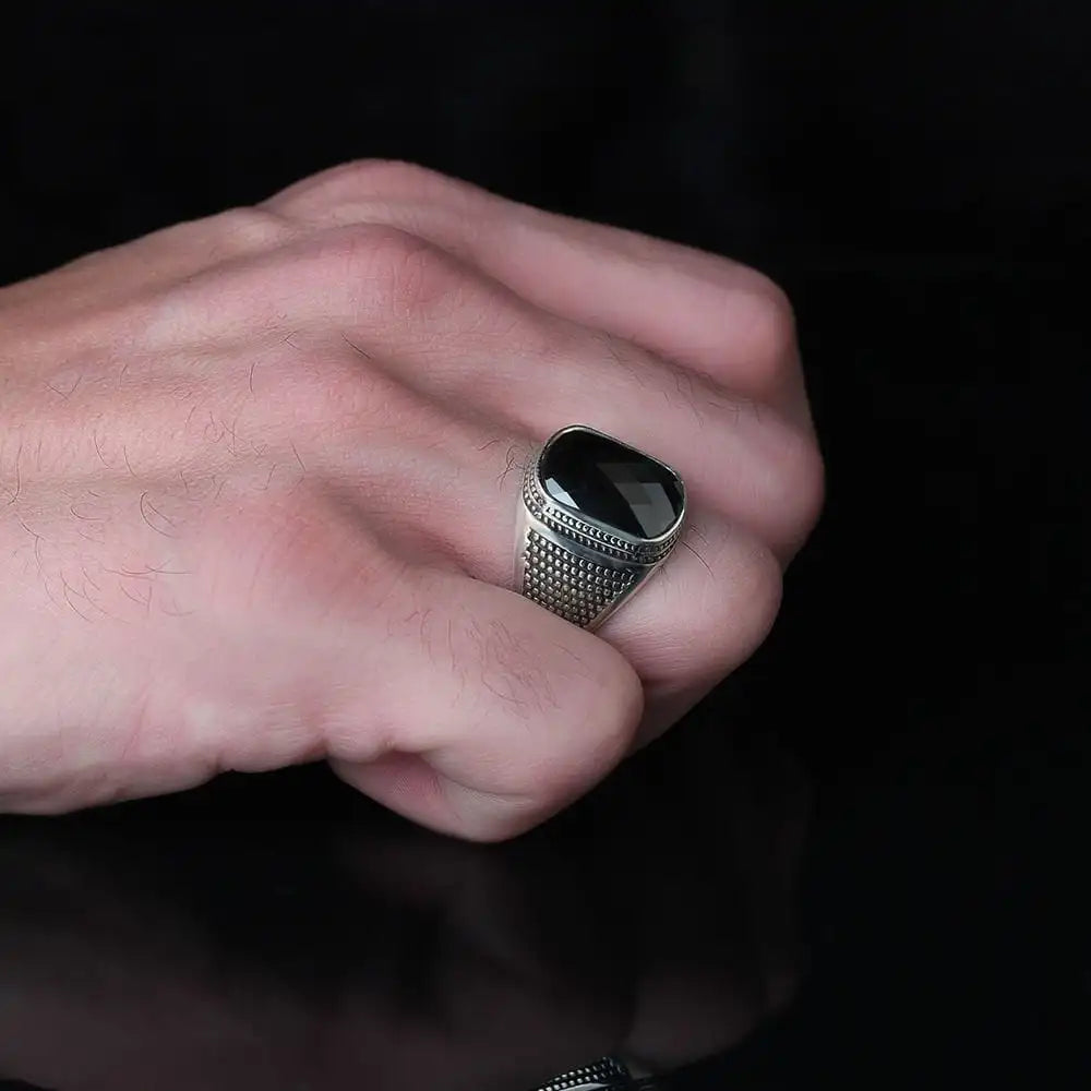 Azuris VALKH1437 Hot Sales From Turkey 925 Sterling Silver Men's Ring in Ottoman Style Natural Black Stone Fashionable Stylish