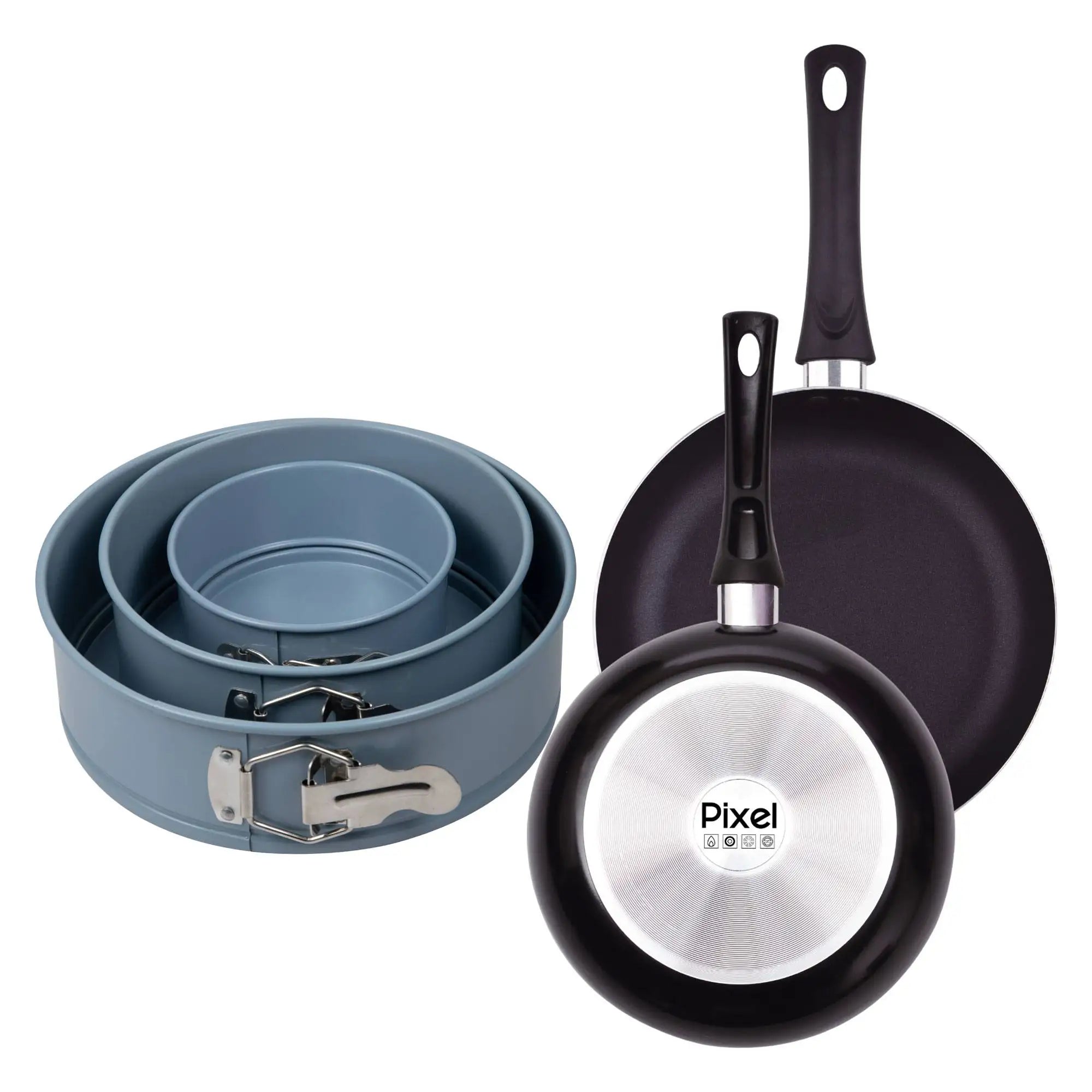 Set of 2 non-stick pressed aluminum frying pans (2024cm) + Set of 3 round oven molds (121822cm) PIXEL Chef Sauce